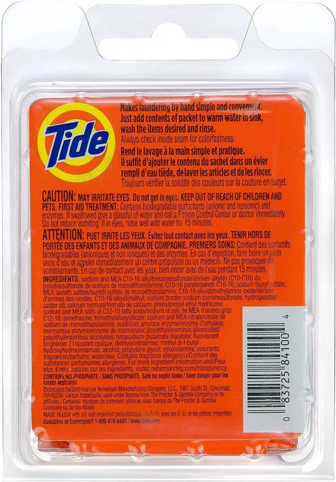 Back of packaging for Travel Size Liquid Laundry Detergent Packets For Sink Washes, 3 Count, showing instructions and barcode.