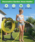 Woman watering garden with Sturdy Metal Hose Holder and Freestanding Hose Storage Rack with Two Tool Hooks for outdoor use.