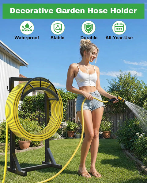 Woman watering garden with Sturdy Metal Hose Holder and Freestanding Hose Storage Rack with Two Tool Hooks for outdoor use.