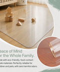 Clear PVC Rolling Chair Mat 47 By 87 Inches Flat No Curl Surface Heavy Duty Hard Floor Protector with wooden blocks on floor.