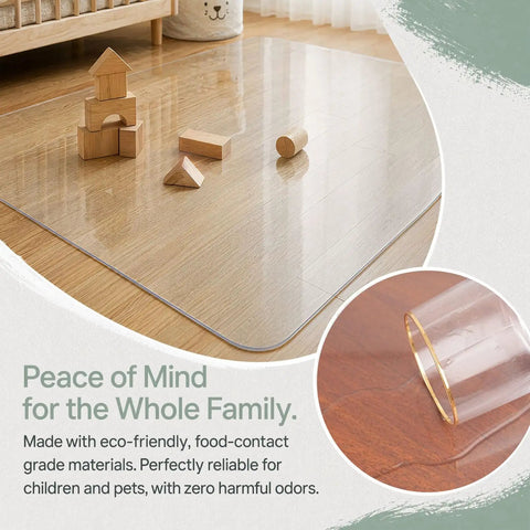 Clear PVC Rolling Chair Mat 47 By 87 Inches Flat No Curl Surface Heavy Duty Hard Floor Protector with wooden blocks on floor.