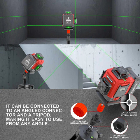 Self Leveling Laser Level With Tripod, 4x360 Green Line Laser Tool, indoor use, set on a tripod against a stairway backdrop