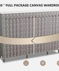 Hella Spacious Portable Canvas Wardrobe Slick Fabric Clothes Closet With Heavy Duty Hanging Rod Double Shelf Racks And Roomy Organizers For Large Bedroom side view with patterned fabric cover and sleek design