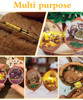Gold Brass Tiny Hinges For Jewelry Boxes And Miniatures DIY Projects Includes 100 Hinges And 400 Screws 8 By 10 Millimeters With 6.5 By 5 Millimeter Hole Spacing Ideal For DIYers Wooden Boxes Cabinets And Miniature Furniture displayed on walnut shells and miniatures