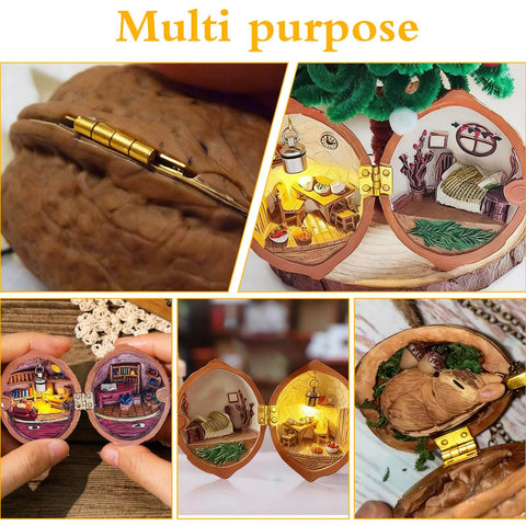 Gold Brass Tiny Hinges For Jewelry Boxes And Miniatures DIY Projects Includes 100 Hinges And 400 Screws 8 By 10 Millimeters With 6.5 By 5 Millimeter Hole Spacing Ideal For DIYers Wooden Boxes Cabinets And Miniature Furniture displayed on walnut shells and miniatures