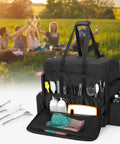 Camp Oven Carry Bag For Camp Chef Stove Combo And Hike Crew Outdoor Gas Camping Oven Durable Portable Cover and carrying case on grass with utensils and compartments visible