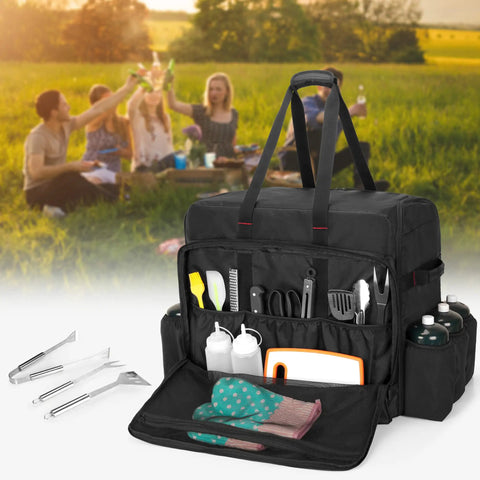 Camp Oven Carry Bag For Camp Chef Stove Combo And Hike Crew Outdoor Gas Camping Oven Durable Portable Cover and carrying case on grass with utensils and compartments visible