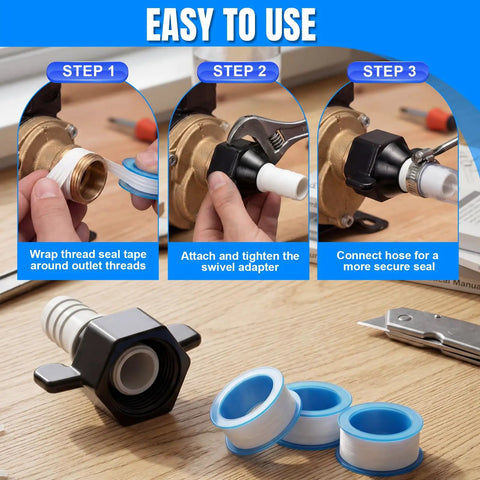 Six Pack 1/2 Inch Barb Swivel Adapter For RV Water Pumps, 14 NPT To 1/2 Inch Female Threaded PEX Fittings With Thread Seal Tape, 360 Degree Rotating Hose Connector For Easy Install And Leak Free Performance, black nylon adapter with seal tape