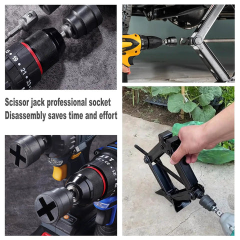 Heavy Duty Scissor Type Car Jack And Socket Converter For Quick Tire Swap shown with drill connection and jack installation