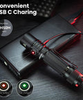 Beastly Bright 3800 Lumen Tactical Flashlight With Dual Switch charging via USB-C, showing power bank and status indicators.