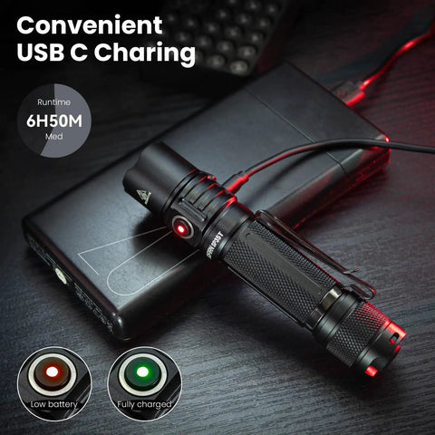 Beastly Bright 3800 Lumen Tactical Flashlight With Dual Switch charging via USB-C, showing power bank and status indicators.