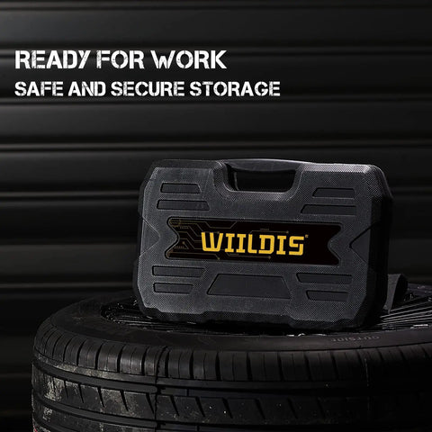 Three Eighths Inch Drive Impact Socket Set case on tire, labeled "WILDIS", showcasing storage for 48 Piece SAE and Metric 6 Point CrV Steel Mechanic Socket Kit With Deep And Shallow Sockets, From Five Sixteenths To Three Quarters Inch And Eight To Twenty Two Millimeters, Great Gift For Dad.