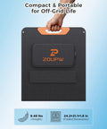 Hand holding folded 100W Foldable Portable Solar Panel With Five In One Cable For Off Grid Power And Camping On The Go High Efficiency Mono Cells At Twenty Three Point Five Percent IP67 Waterproof Works With Jackery 300 EcoFlow River Anker Bluetti, compact design