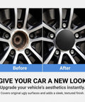 Comparison of Four Pack Snap On Wheel Center Caps With 60mm Outer And 56mm Inner Diameter; before and after installation on a rim.