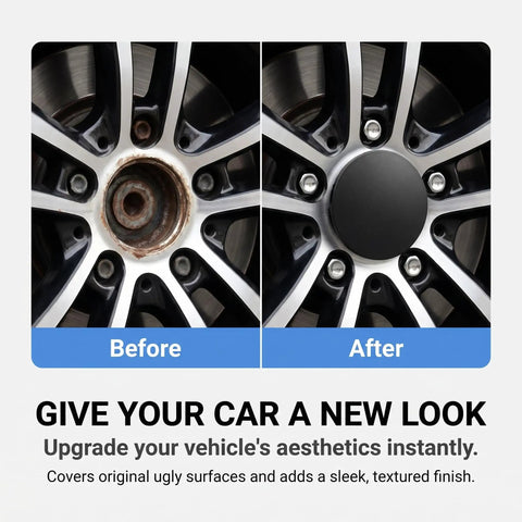 Comparison of Four Pack Snap On Wheel Center Caps With 60mm Outer And 56mm Inner Diameter; before and after installation on a rim.