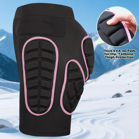 3D Padded Protective Shorts With Hip, Thigh And Tailbone EVA Pads For Skiing Snowboarding Skating And Cycling Women Pink Small Size Durable Drop Proof Gear You Can Trust showing side padding detail against snowy background.