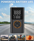 Portable Tire Inflator With Gauge And USB Charging Output, LCD display showing PSI on road, for cars, bikes, motorcycles, balls