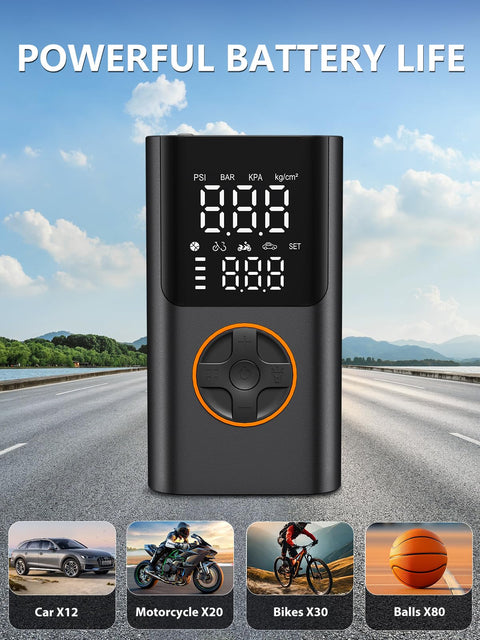 Portable Tire Inflator With Gauge And USB Charging Output, LCD display showing PSI on road, for cars, bikes, motorcycles, balls