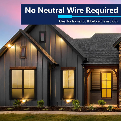 Modern home exterior highlighting "No Neutral Wire Required", promotional context for programmable digital timer switch.