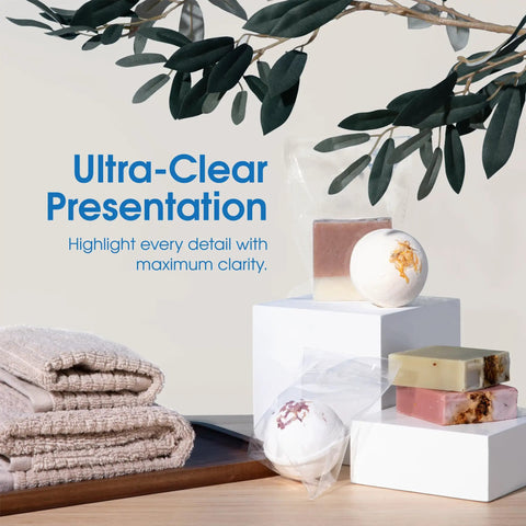 12 By 15 Inch Self Sealing Cellophane Bags 100 Count Crystal Clear Poly Packaging with soap and towels, showcasing clarity and strength