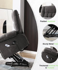 Grey power lift recliner with massage and heat for seniors, showing padded headrest, metal frame, and side pockets.