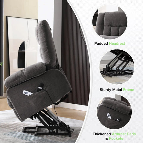 Grey power lift recliner with massage and heat for seniors, showing padded headrest, metal frame, and side pockets.