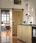 Modern kitchen with barn door featuring Rustic Forged Iron Corner Bracket For Barn Door In Matte Black Finish 75 Mm Square Decorative