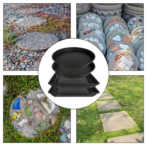 Four Size Round Stepping Stone Molds For Concrete And Cement Garden Walkways, Reusable Plastic Paver Molds in use and stacked.