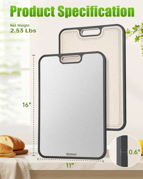 Two Sided Non Toxic Cutting Board For Kitchen With Stainless Steel And BPA Free PP Surfaces 15.9 Inches Non Slip.