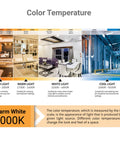 Color temperature chart detailing amber to cool light ranges with example rooms, highlighting warm white 3000K for indoor lighting.