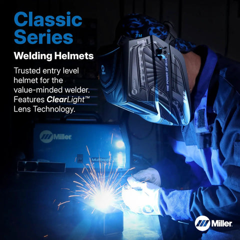 Top Tier Auto Darkening Welding Helmet With Hella ClearLight Hd Optics And Adjustable Shade 8 To 13 Settings For Effortless Metalworking and Heavy Shop Grind worn by a welder with sparks flying.
