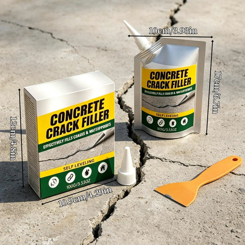 Self Leveling Concrete Crack Filler And Waterproof Sealant Dead Simple Fixin Up Driveway Cracks Masonry Patch Kit shown with applicator on a cracked surface.
