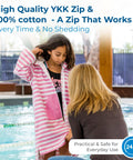 Girl wearing Ultra Soft Turkish Cotton Kids Bathrobe And Hooded Towel Poncho With Zip Up, Terry Lining And Pockets by a poolside