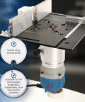 Heavy Duty Aluminum Router Table Insert Plate With Tough Badass Glide Coating and Zero Sweat Laser Scaled Markings close-up with mounted router.