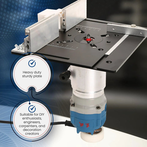 Heavy Duty Aluminum Router Table Insert Plate With Tough Badass Glide Coating and Zero Sweat Laser Scaled Markings close-up with mounted router.