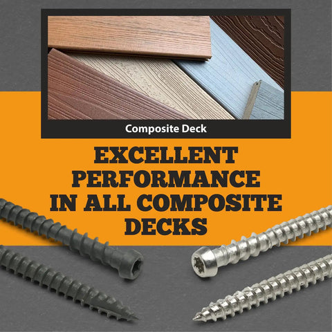 Premium Coated Composite Deck Screws Size 10 X 2-3/4 Inch Self-Tapping Wood Fasteners with Torx T20 Star Drive featured on composite deck.