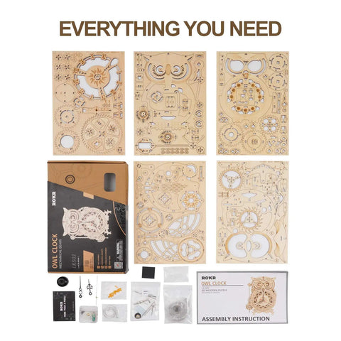 Owl 3D Wooden Puzzle Clock Kit For Adults And Kids Desk Clock Model For Home Decor With Mechanical Quartz Movement Silent Timekeeping Built In Timer No Glue Needed Battery Powered AA Not Included An Awesome Gift For Birthday Or Christmas, parts and manual