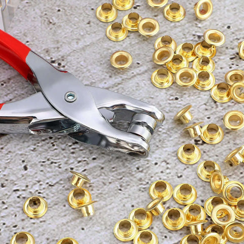 301 Pcs Grommet Eyelet Pliers Tool Kit With 300 Metal Eyelets For Belt Shoes Clothes Fabric Leather DIY Repair One Quarter Inch Inner Diameter Gold Finish Punched Eyelets And Grommets Set