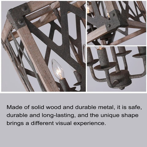 Close-up of 4 Light Wood And Black Metal Pendant Lights With Square Cage Ceiling Mount showing wood and metal detailing.