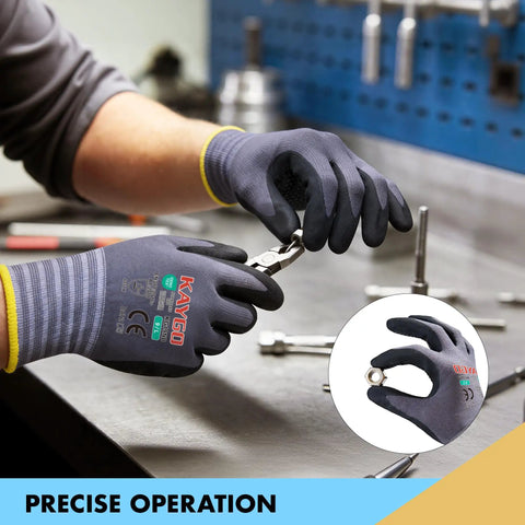 MicroFoam Nitrile Coated Work Gloves With Micro Dots for superior grip in use with pliers, gray, Size M, ideal for assembly tasks.