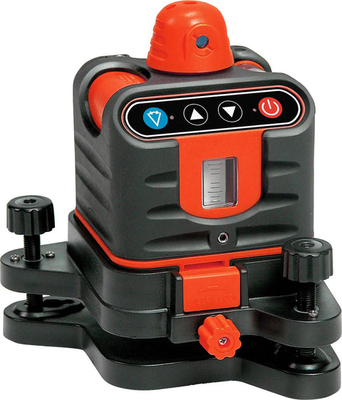 Self-Leveling Rotary Laser Level For Indoor And Outdoor Projects With Red Beam, shown with buttons and leveling base.