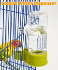 Awesome 2 Pack Automatic Bird Water Dispenser With No Mess Design For Parrot And Budgie Cages suspended on a blue birdcage with a colorful bird.
