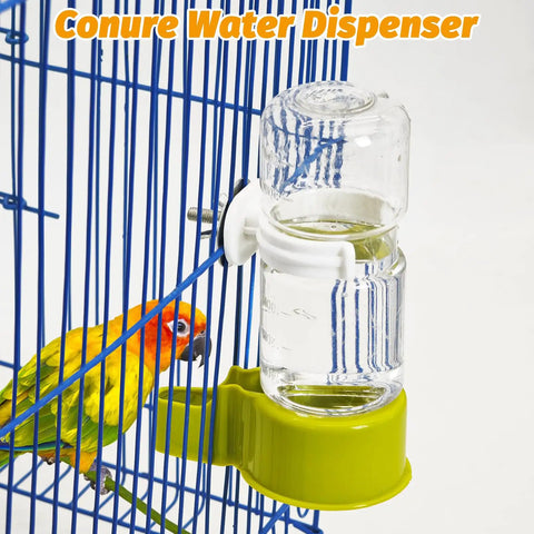 Awesome 2 Pack Automatic Bird Water Dispenser With No Mess Design For Parrot And Budgie Cages suspended on a blue birdcage with a colorful bird.