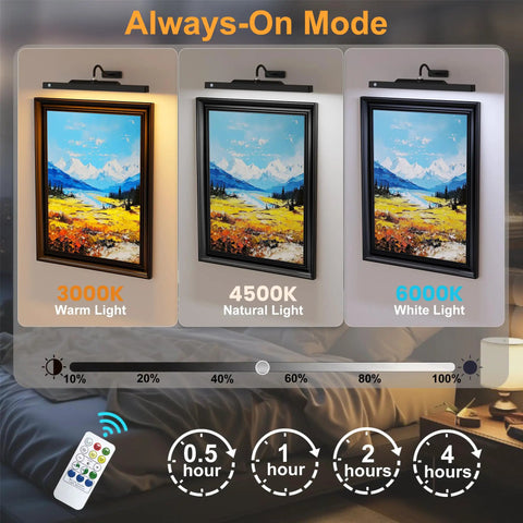 Dope Motion Sensor Picture Light For Wall Art showcasing three color temperatures with remote, highlighting a painting in three modes.