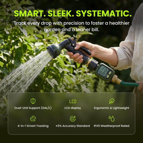 Digital Water Flow Meter For Garden Hose Three Quarter Inch GHT Flow Tracker For Real Time Rate And 7 Day Averages Single Session And Total Readouts Accurate Within About Five Percent Helps You Save Water And Cut Your Water Bill. on hose with spray nozzle