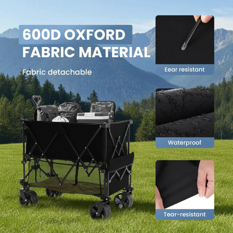 Heavy Duty Double Decker Wagon With 51 Inch Extender And 400L Large Capacity Collapsible Garden Cart For All Terrain Tough Jobs, 7 Inch Wheels With Brakes, Built Tough Foldable Utility Wagon For Shopping And Camping, Black, showcasing durable 600D Oxford fabric.