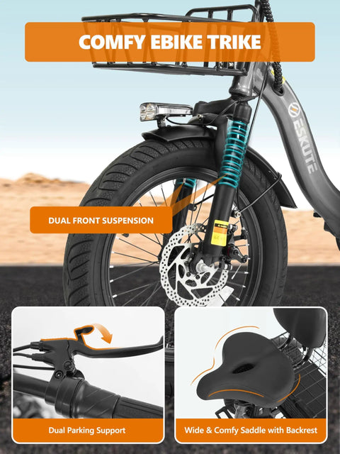 Powerful Three Wheel Electric Trike With 1200W Motor And 624Wh Removable Battery 18x3.0 Fat Tires Foldable Step Through Frame Up To 65 Miles Range 18 MPH Pedal Assist Black For Daily Commutes And Light Hauling showing front suspension and saddle