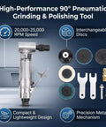 Heavy Hitter Mini Pneumatic Die Grinder Right Angle Air Tool Running At 20000 To 25000 Rpm with polishing discs and accessories.