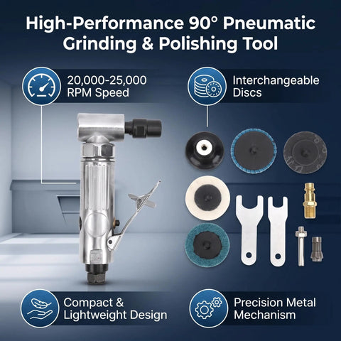 Heavy Hitter Mini Pneumatic Die Grinder Right Angle Air Tool Running At 20000 To 25000 Rpm with polishing discs and accessories.