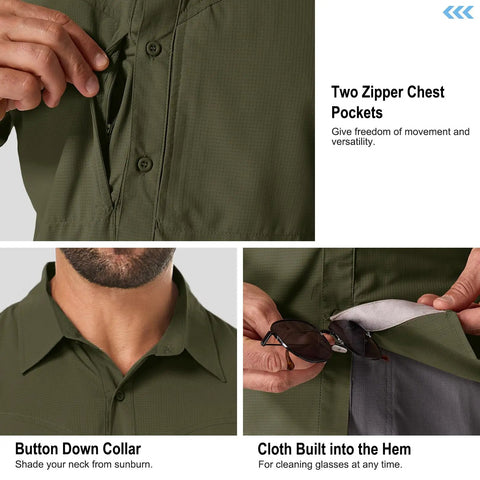 Moisture Wicking Quick Dry Safari Shirt For Men With UPF 50 Sun Protection Short Sleeve Hiking Camping Shirt Olive Green XXL